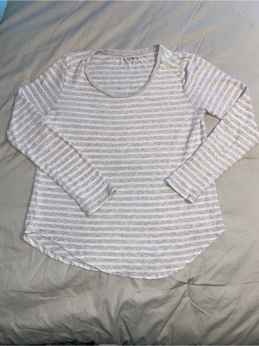 LOFT White and Light Gray Striped Long-Sleeve Tee